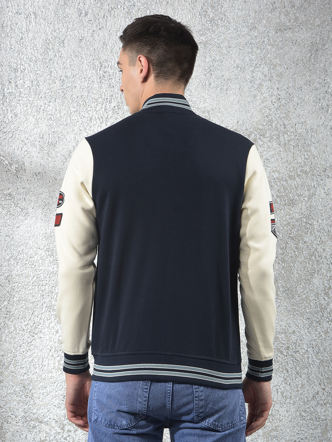 Numero Uno Men Applique Blue Front Open Buttoned Sweatshirt